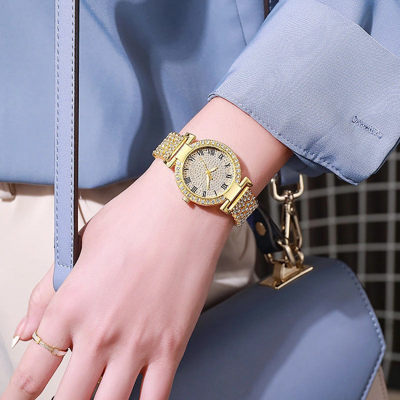 Roman scale diamond-encrusted women's quartz watch