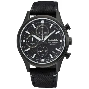 Seiko Men's Quartz Watch - Dress Chronograph Black Dial Nylon Strap Date | SSB421P1
