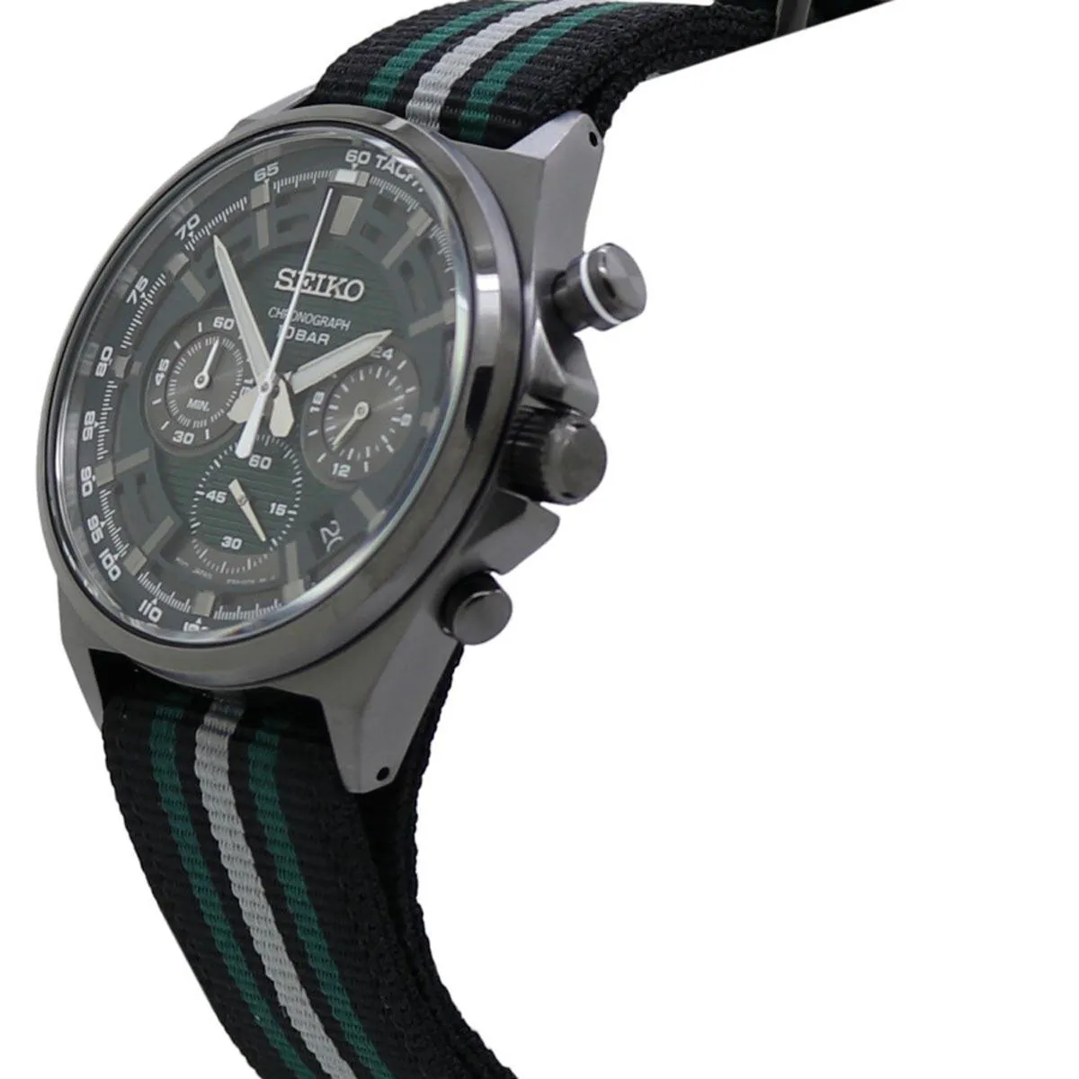 Seiko Men's Watch - Chronograph Green Dial Silver Tone Case Nylon Strap | SSB411P1