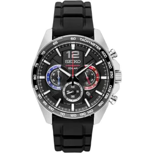 Seiko Men's Watch - Chronograph Silver Tone Case Black Dial Rubber Strap | SSB347