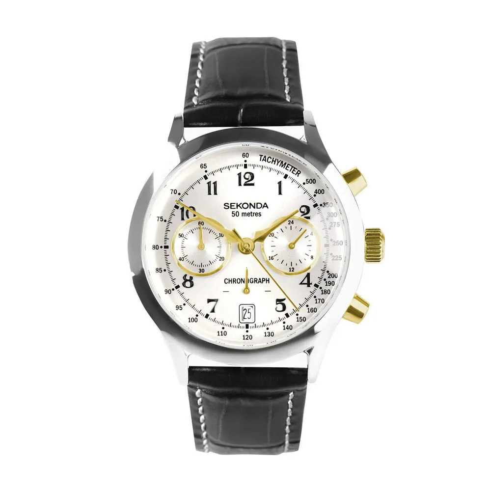 Sekonda Archer Chronograph Black Leather Strap Mens Watch 30235