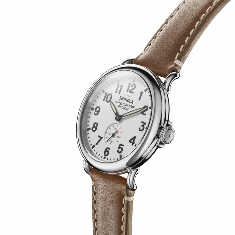 Shinola Runwell 41mm, White Dial/Brown Leather Strap