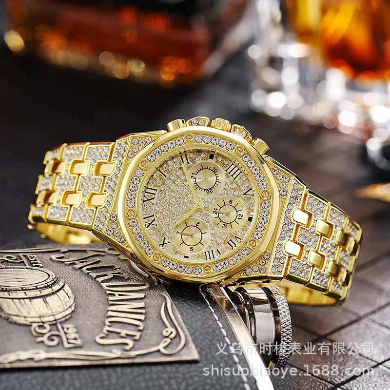 Starry Steel Band Mens Watch Diamond-Embedded Three-Eye