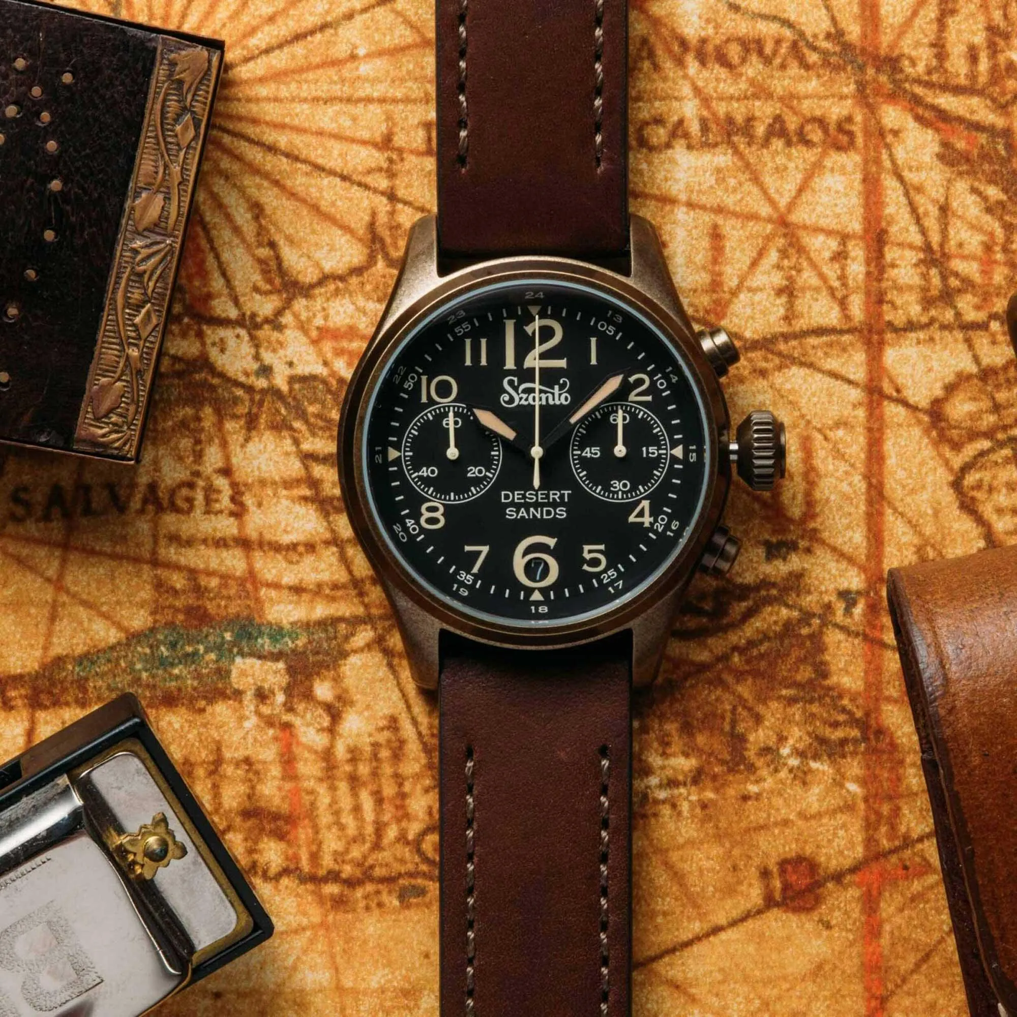 Szanto Men's Chronograph Watch - Desert Sands Antique Gold Case Brown Strap | SZ 4552