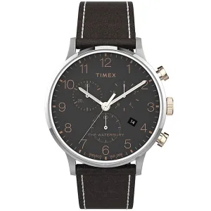 Timex Men's Chronograph Watch - Waterbury Black Dial Leather Strap | TW2T71500VQ