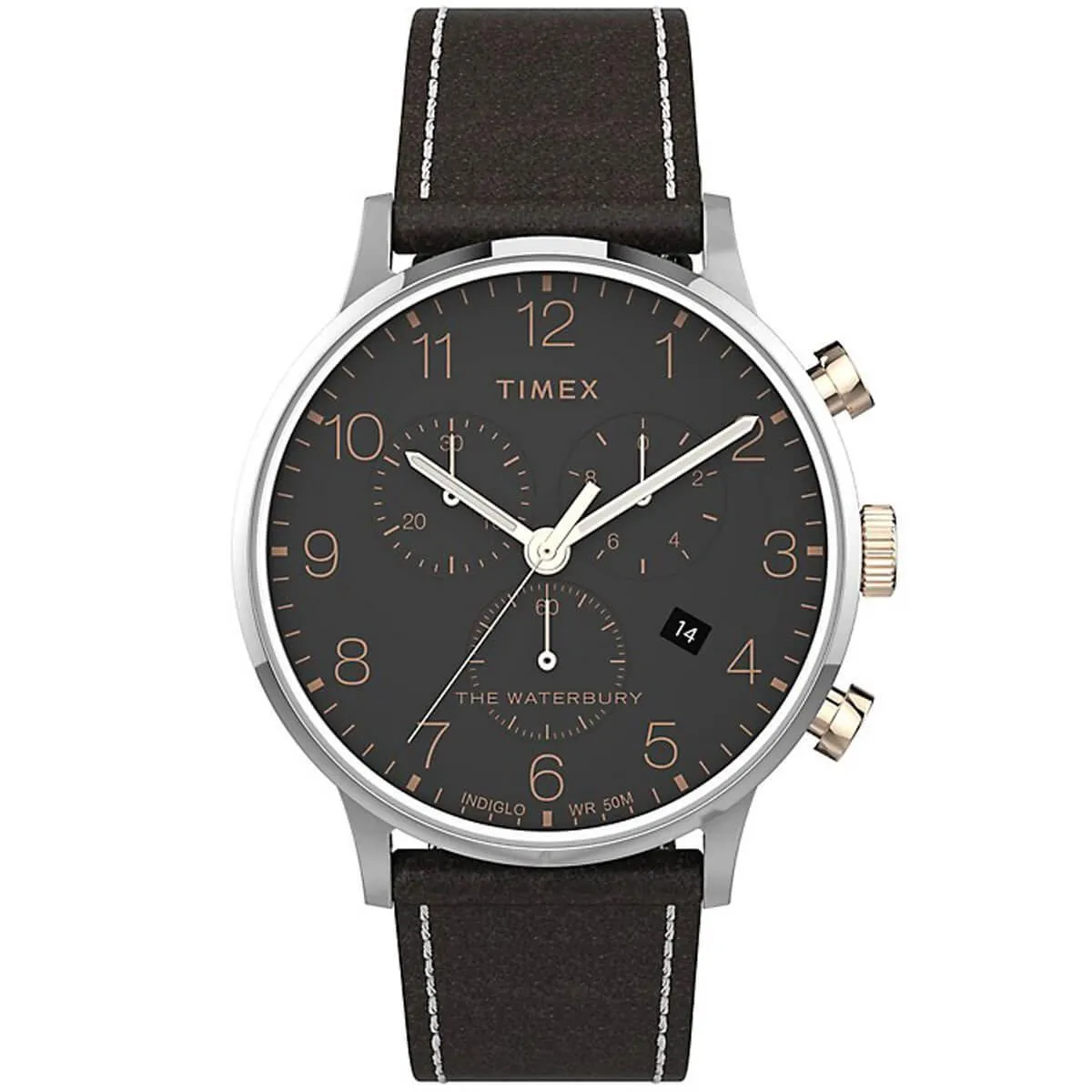 Timex Men's Chronograph Watch - Waterbury Black Dial Leather Strap | TW2T71500VQ