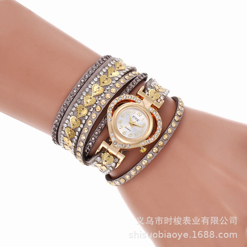 Wrap-Around Diamond-Embedded Bracelet Watch Heart Dial