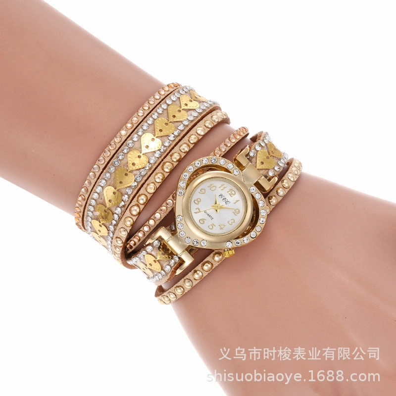 Wrap-Around Diamond-Embedded Bracelet Watch Heart Dial