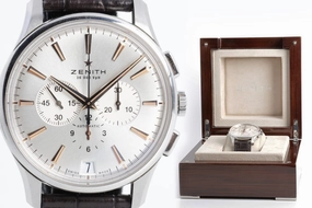 Zenith El Primero Chronograph 42mm Steel Leather Automatic Men's Watch   BOX