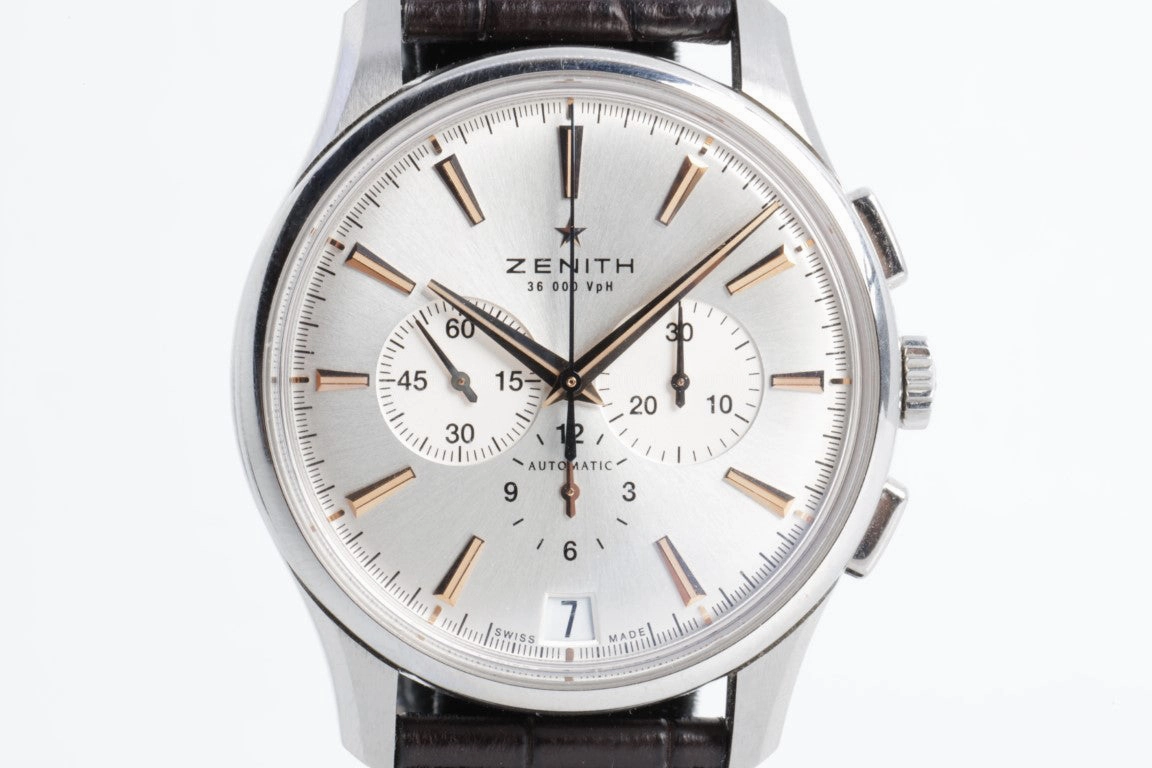 Zenith El Primero Chronograph 42mm Steel Leather Automatic Men's Watch   BOX